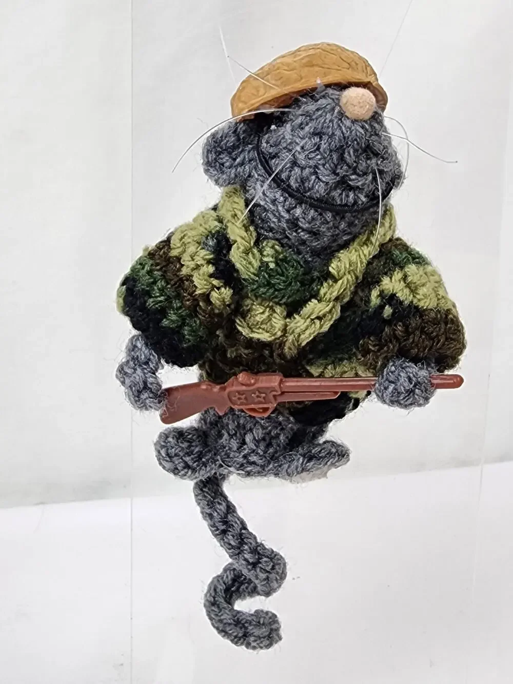 OOAK Handmade Crochet Soldier Gray Mouse w/Camo Jacket Walnut Helmut & Rifle